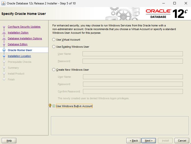 Выбор учетной записи Oracle